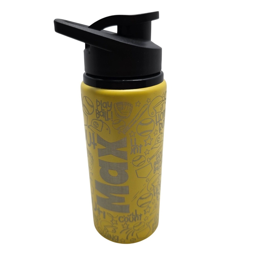 Handmade Laser Etched Baseball Water Bottle Yellow Max Personalized Insulated